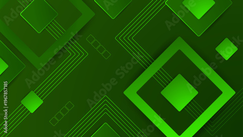 Modern green background featuring overlapping squares and elegant geometric lines with smooth gradients