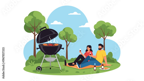 Young couple enjoys a picnic and barbecue in a sunny park with green trees and a clear blue sky in the background.