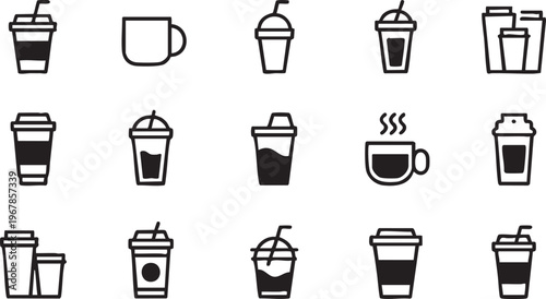 Coffee and beverage icon pack with mugs cups and takeaway containers for UI design