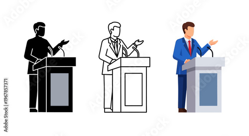 Collection of three distinct graphic styles illustrating a speaker delivering a formal presentation or political address from a modern lectern podium