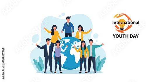 Group of diverse young people stand around a blue globe to celebrate international youth day and global unity.