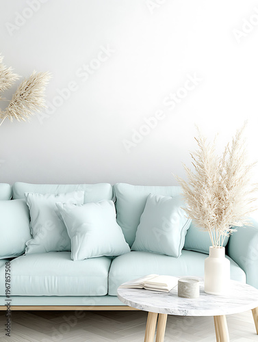 Soft light blue sofa with plush cushions and wooden table, complemented by decorative dried plants, creates serene atmosphere