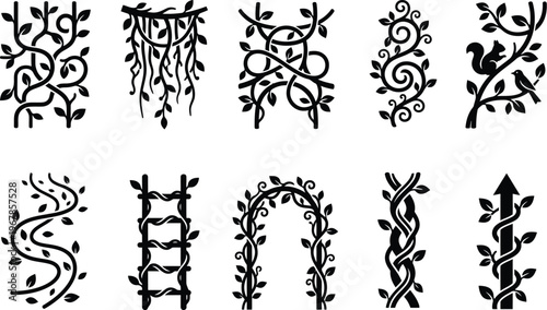 10 abstract vine path icons solid black hanging vines looping bridges spiral vines animal silhouettes floating leaves vine ladders vine arches twisted vines climbing vector.