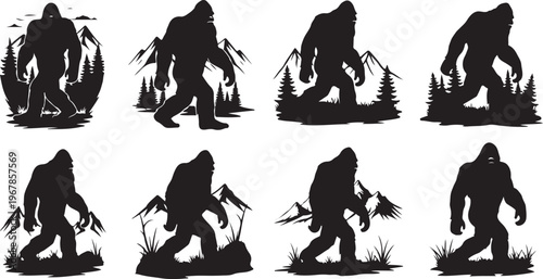 Bigfoot Silhouette Vector Illustrations in Various Forest Settings Walking