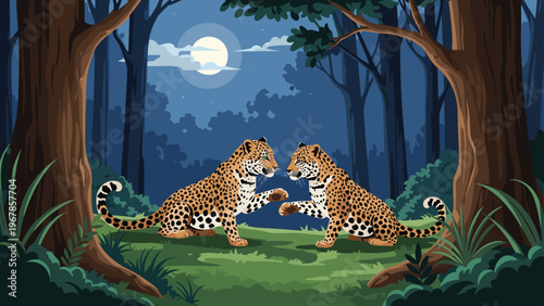 Two spotted leopards play together in a dense forest clearing under the light of a large full moon and starry night sky.