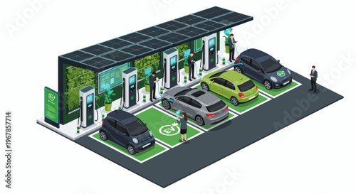 Sustainable electric vehicle charging station powered by solar panels and featuring multiple charging points and greenery