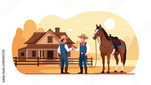 Two cowboys in traditional western attire shake hands on a ranch in front of a house and a saddled horse at sunset.
