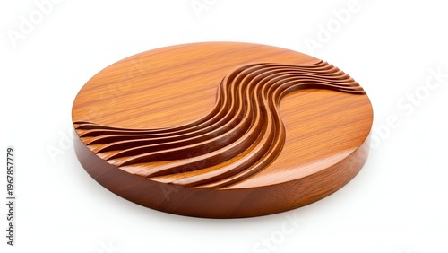 A polished wooden disc with a carved wave symbolizing sanity is shown.