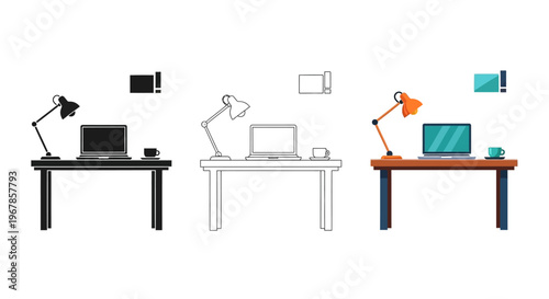 Collection of three distinct workspace setups featuring a desk a laptop an adjustable lamp and a coffee cup shown in black white outline and color styles