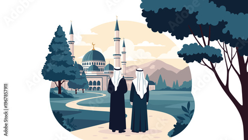 Two muslim men in traditional white robes walk along a garden path toward a beautiful mosque with multiple minarets.