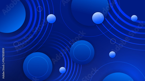 High-quality royal blue background with decorative 3D spheres and concentric circular lines for business and technology visuals