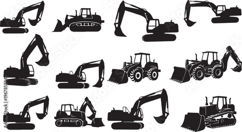 Black silhouettes of various construction vehicles and equipment on white background
