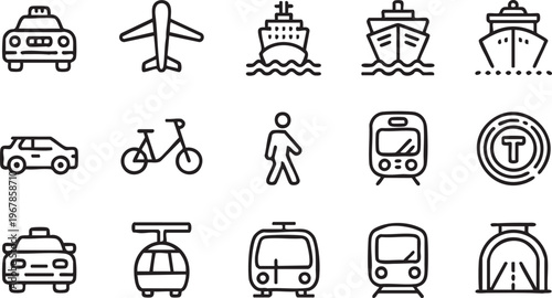 Travel and transport vector icons collection for vehicles, logistics and urban transit systems