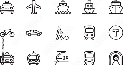 Transportation icon set with car airplane train and bus symbols for travel and mobility design
