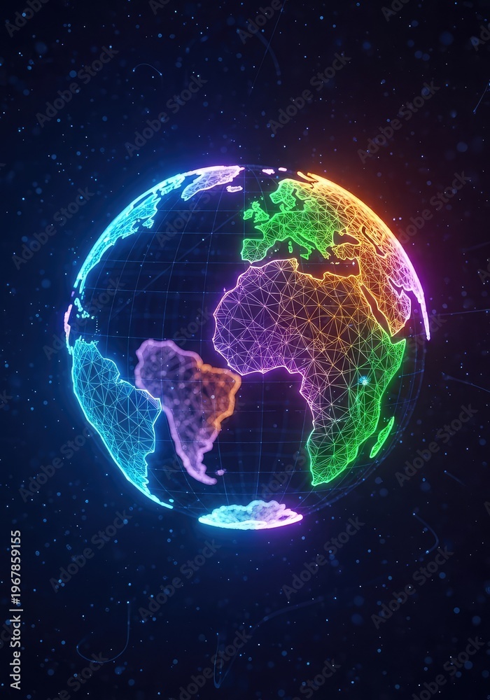 Fototapeta premium A luminous digital globe with radiant neon continents floats in a vibrant virtual space, symbolizing global connectivity and innovation, connectivity, rendering, luminous