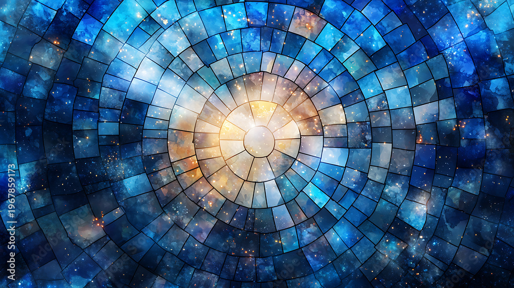 Naklejka premium Vibrant blue and gold circular mosaic pattern resembling starry night sky, evoking sense of wonder and tranquility