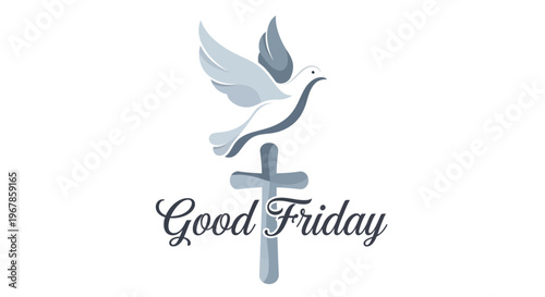 A dove flies over a cross with the words 'Good Friday' written below, symbolizing peace and sacrifice on a solemn religious day.