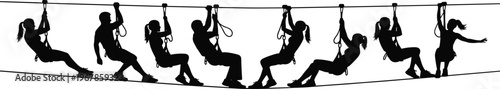 Silhouette of people riding zipline adventure course in sequence, outdoor aerial activity, thrill seekers suspended on cable, teamwork recreation, extreme sport concept background