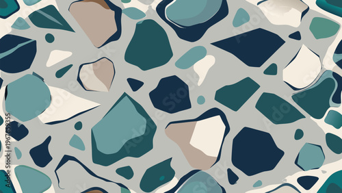 Geometric organic shapes design, a seamless repeating pattern showcasing an artistic arrangement. The artful composition features varied shapes in tones of beige, green.