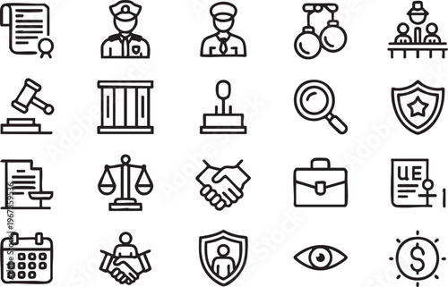 Legal and justice vector icons collection for law firms, courts and compliance systems