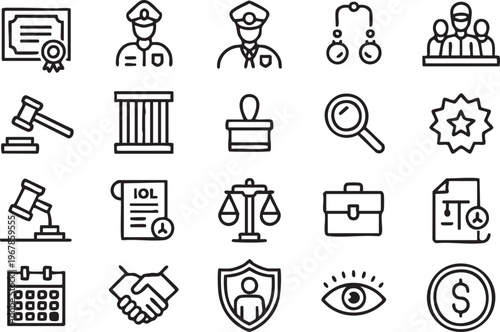 Court and legal icon pack with scales gavel and police symbols for justice concepts