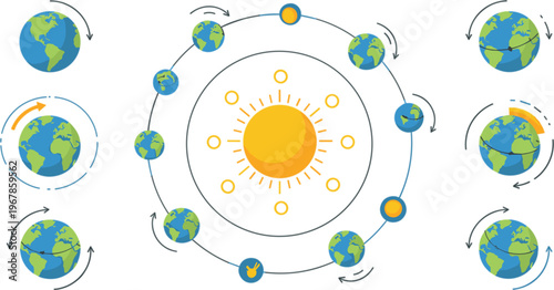 Earth rotation and revolution around sun diagram vector illustration, planetary motion, orbit cycle, astronomy education infographic isolated on white background