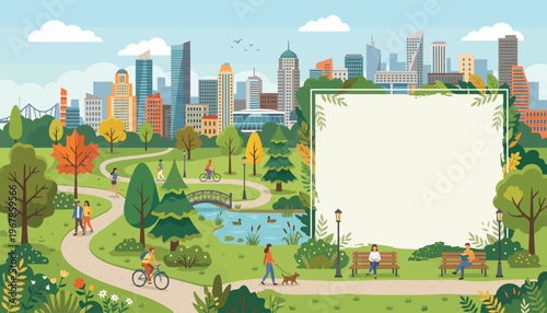 Vector illustration background element of people's activities in an open city park with blank space
