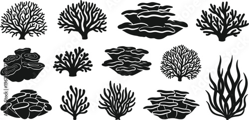 Black coral silhouettes and sea plants collection vector illustration, underwater reef elements, marine nature shapes set isolated on white background