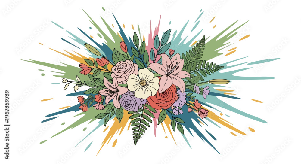 Fototapeta premium Abstract Floral Explosion - Colorful Flower Bouquet with Splatter Effect