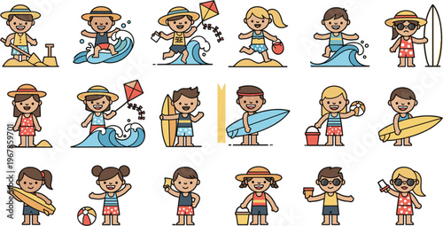 Cute kids summer beach activities vector illustration set, children surfing, playing sand, vacation lifestyle cartoon collection isolated on white background