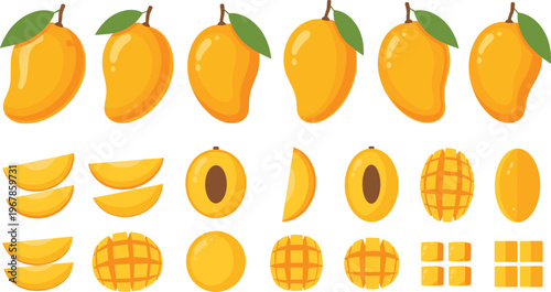 Mango fruit flat vector set. Whole, sliced, cut and diced mango variations. Clean tropical illustrations for food design, summer themes and healthy lifestyle projects.