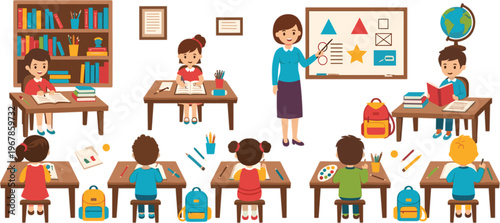Colorful classroom scene with teacher and students learning reading writing drawing activities in elementary school environment vector illustration