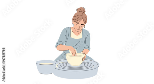 Female potter creating decorative bowl with soft pastel colors
