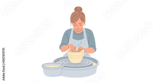 Ceramic artist shaping clay bowl carefully on spinning wheel
