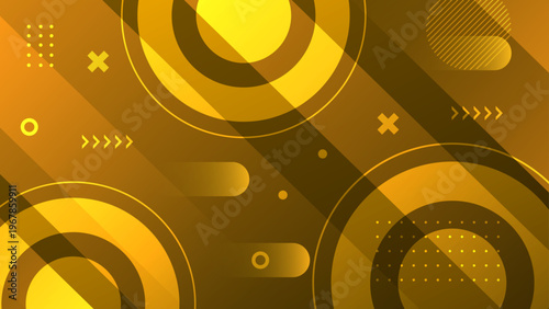 Vibrant yellow and orange abstract background with circles crosses and dots in memphis design