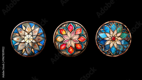 Victorian cameos stained glass style watercolor art features intricate designs and vibrant colors, evoking sense of elegance and beauty