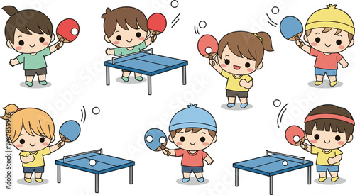 Cute cartoon kids playing table tennis collection with ping pong rackets and table sport activity vector illustration