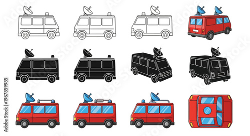 Set of Media Vans with Satellite Dishes for Broadcasting and News Coverage