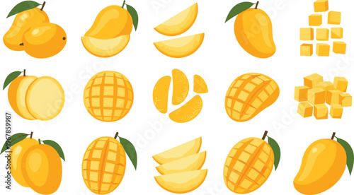 Mango fruit mega set flat vector collection. Whole, sliced, diced and cut mango variations. Bright tropical illustrations for food design, summer themes and healthy lifestyle.