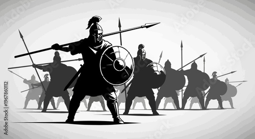 Ancient Greek warriors in formation with spears and shields, black and white illustration.