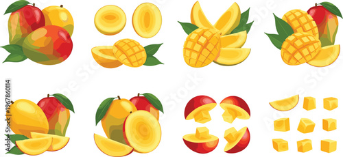 Mango fruit flat vector set. Fresh tropical mango illustrations with whole, sliced and diced pieces. Bright juicy design for food, summer and healthy lifestyle themes.