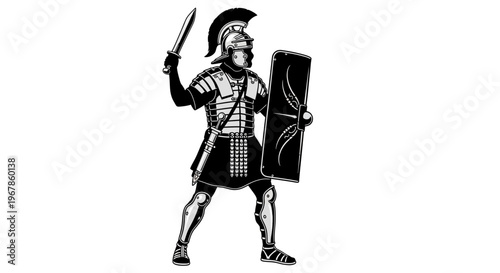 Ancient Roman Soldier Warrior with Sword and Shield, Black and White Illustration