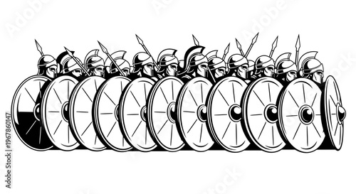 Ancient Roman Soldiers in Formation with Shields and Spears - Line Drawing