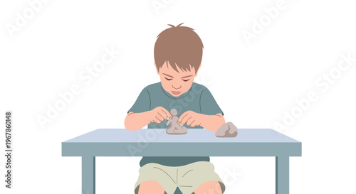 Child crafting unique clay figurine with hands and soft pastel tones
