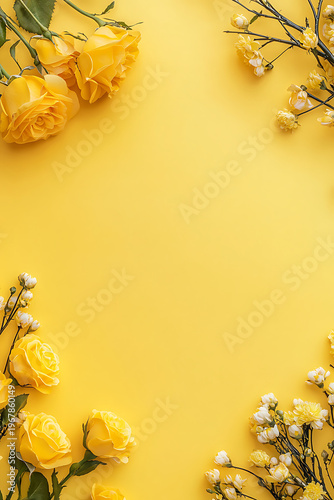 Bright yellow roses and delicate branches create cheerful and vibrant background, perfect for celebrations or joyful moments