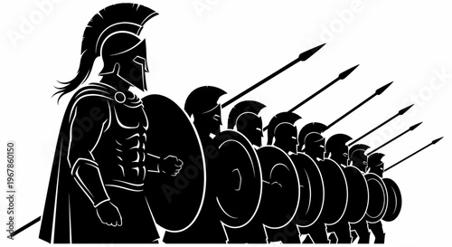 Ancient Spartan Warriors Formation with Shields and Spears, Black Silhouette