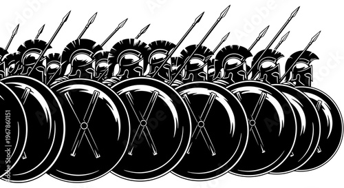 Ancient Spartan warriors in formation with shields and spears, black and white illustration.