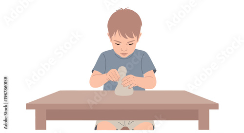 Young artist enjoying creative process of molding clay figurines
