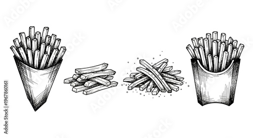 Hand-drawn illustration set of crispy french fries in various serving styles, including paper cone, loose piles, and a classic takeaway box