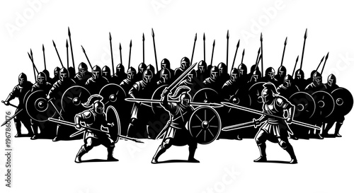 Ancient warriors, phalanx formation, battle, historical illustration, shield, spear, helmet